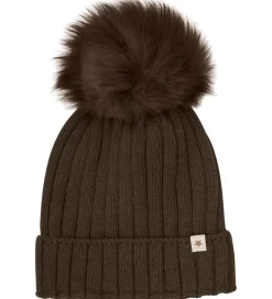 Hue - Uld/Bomuld - Strik - Meleret Mørkebrun m. Kvast|Huttelihut Online