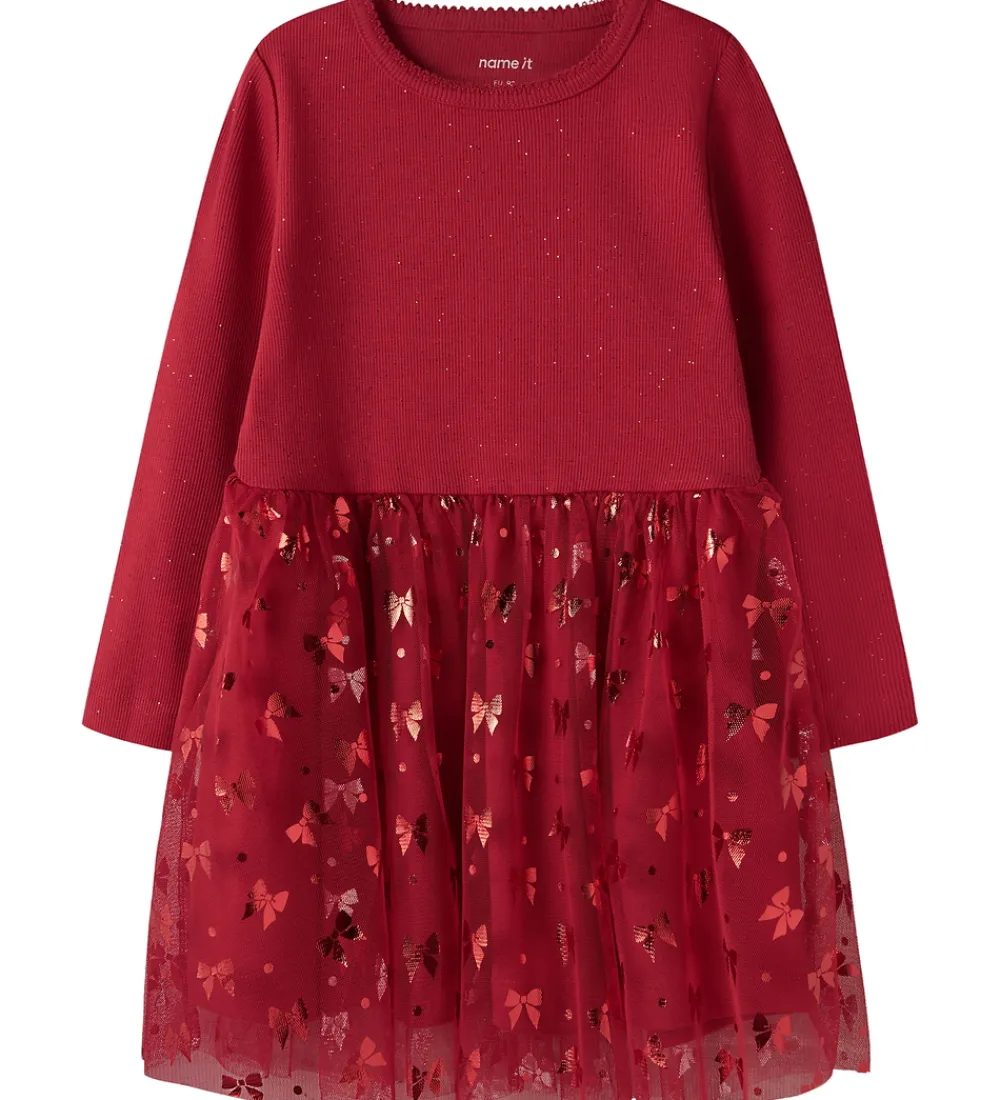 Kjole - Rib/Tyl - NmfRosally - Jester Red m. Print|Name It Online