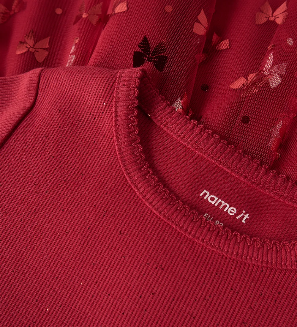 Kjole - Rib/Tyl - NmfRosally - Jester Red m. Print|Name It Online